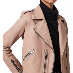 All Saints Light Pink Leather Moto Jacket with Zipper Details